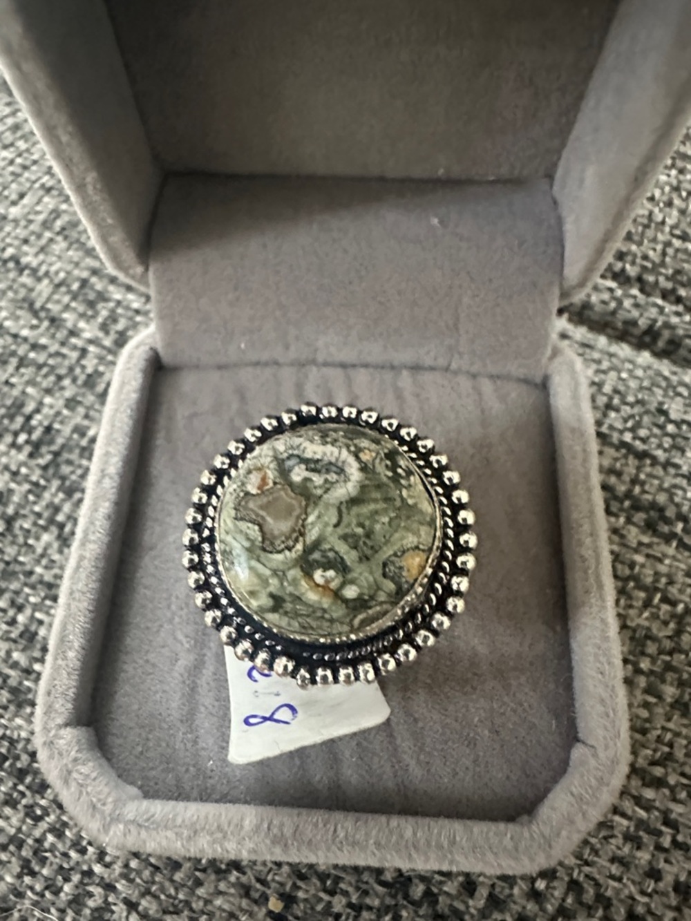 Round Green Rainforest Rhyolite Jasper Sterling Silver Ring Beaded Halo